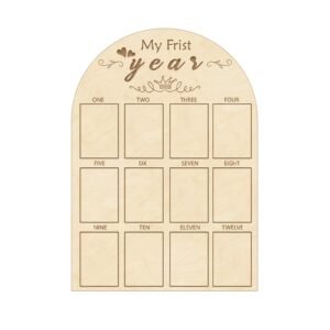 Wooden My First Year Photo Frame with Crown Pattern Birthday Plaque - 12 Months Birthday Milestone Display, Perfect Room Decor Keepsake Gift